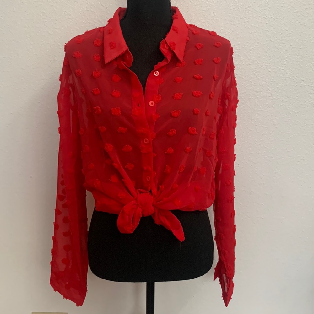 Emery Rose Red sheer button up long sleeve top. New without tag. Size L